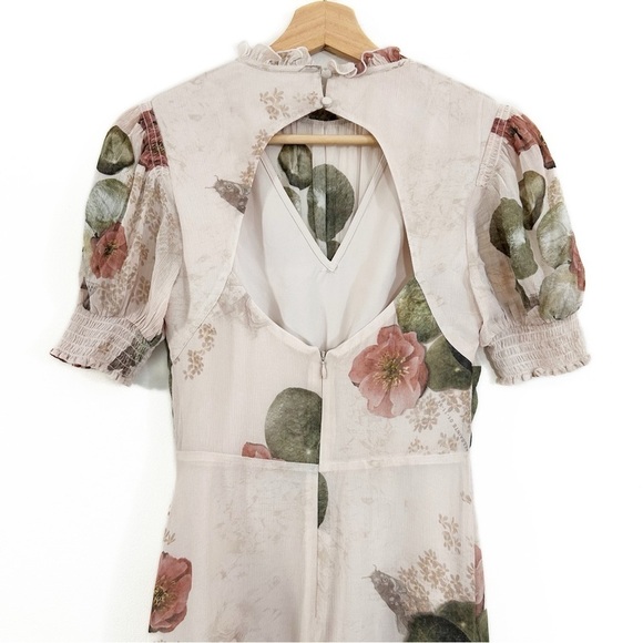 Allsaints Dress Womens 0 Pink Smocked Puff Sleeve Chiffon Floral - Picture 2 of 6
